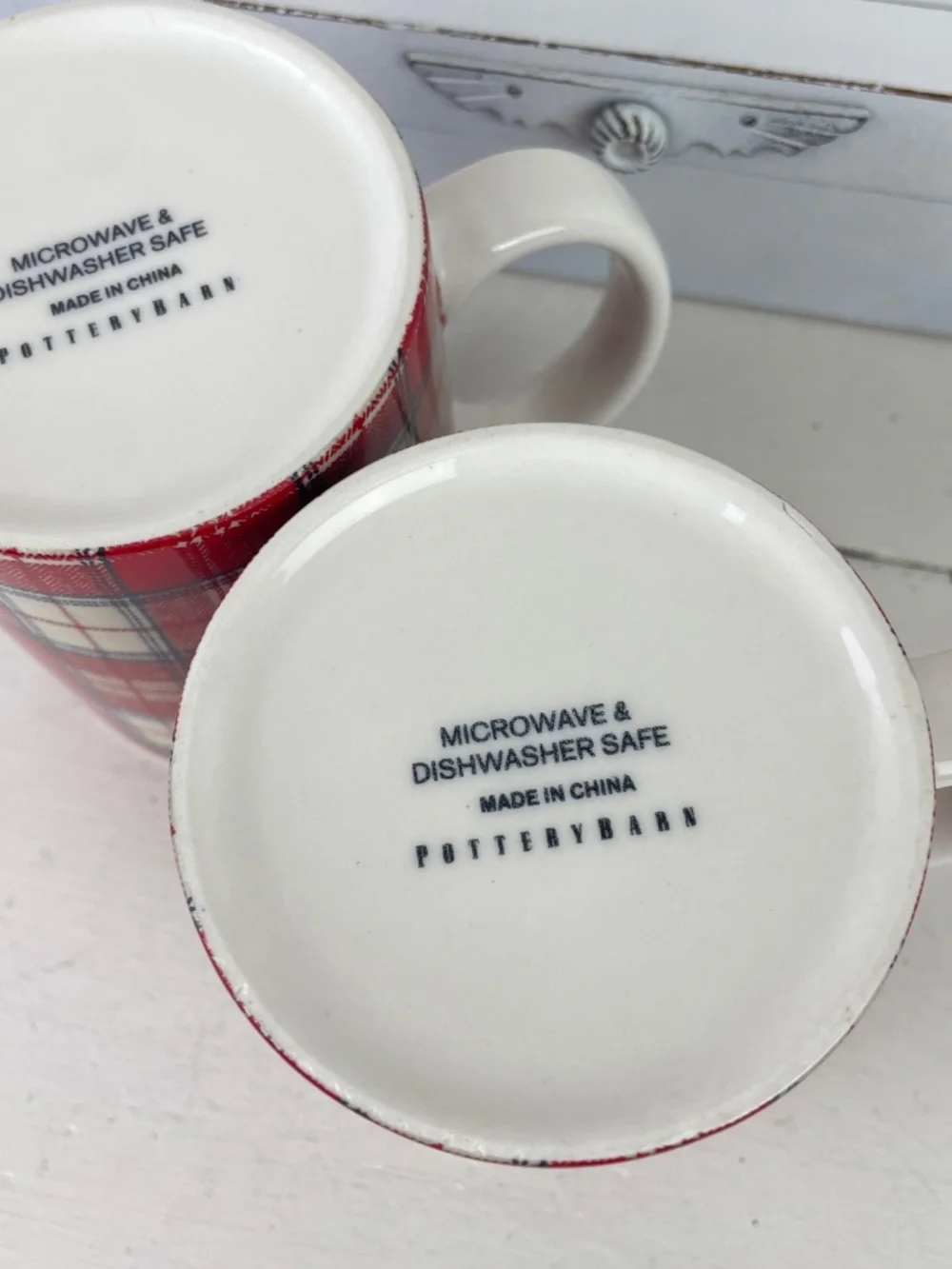Pottery Barn Red Plaid Flannel Winter Christmas Ceramic Coffee Mugs - Pair